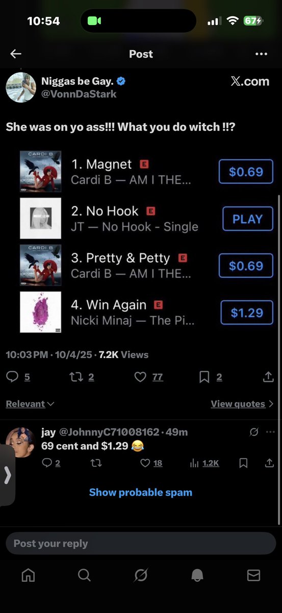 yafavbratz's tweet photo. @2WARISS @iamcardib @ThegirlJT She ain’t need to acknowledged it, Cardi did tho and that’s why it got removed after being number 2 https://t.co/nZkT0lLCCN