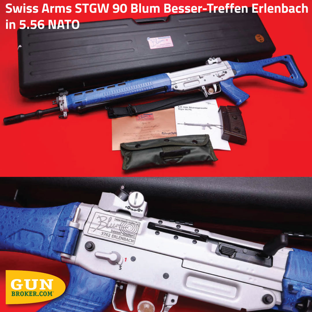 GunBroker's tweet photo. 🇨🇭 Swiss Arms STGW 90 Blum Besser-Treffen Erlenbach in 5.56 NATO
🔗 https://t.co/EQ0LsBO6Fd
Rare certified Blum-tuned rifle featuring a stainless receiver & striking blue stock.
💬 What’s your favorite Swiss-made firearm?
#SwissArms #STGW90 #GunBroker https://t.co/MISmTFeNUL