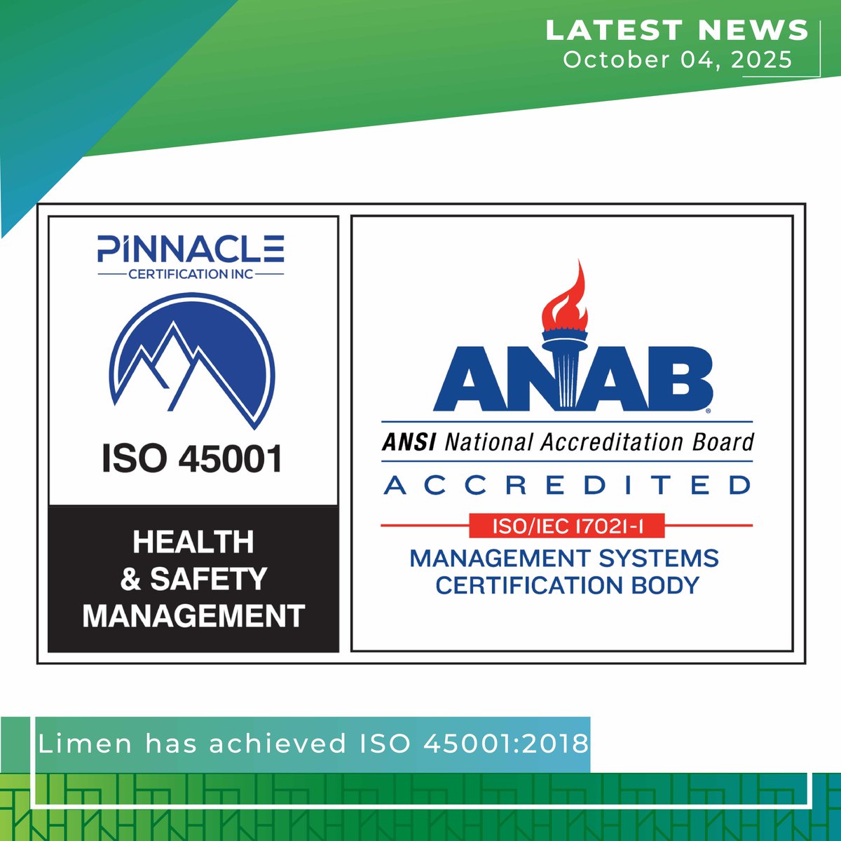 limengroup's tweet photo. We are proud to announce that Limen has officially achieved ISO 45001:2018 Occupational Health and Safety Management System Certification. This internationally recognized standard highlights our commitment to the highest levels of workplace health, safety, and well-being.

#limen https://t.co/4lU0fK8Rze