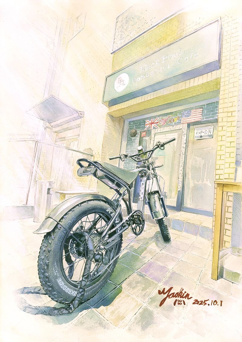 yaokinz's tweet photo. ブラックプールハンバーガーカフェさん（@meiky_9672）へちょっとしたお祝いイラストを贈呈させて頂きました。
お店に飾って下さったので、ハンバーガーを食べに行くと原画が見られます（嫁さんとの合作絵の複製品も）♪
簡単なメイキング動画も貼っておきますー
#写真トレース #水彩画 #背景美術 #ニッカーポスターカラー