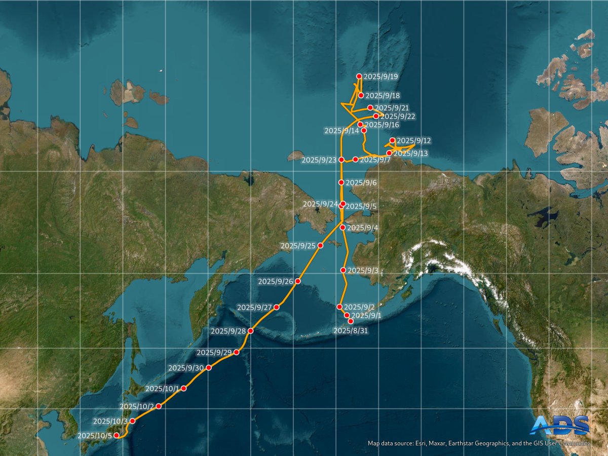 ADS_NIPR's tweet image. 2025年10月5日 10:00　今日のみらい。
清水港に帰港しました。本日でみらい航海は終了です。
ads.nipr.ac.jp/venus.mirai/#/…
#みらい北極航海2025, #MR2505C, #ArCS_III, #みらいtheFINAL