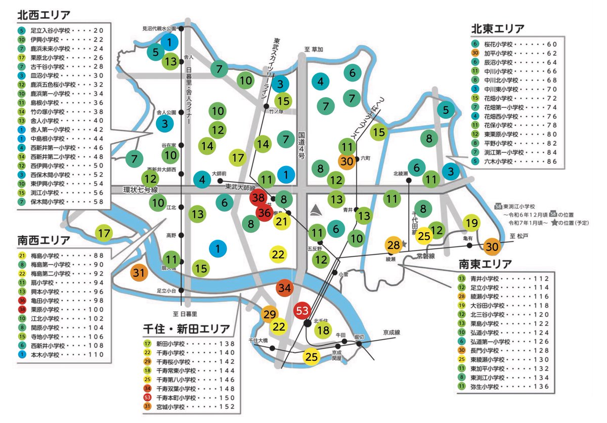 usg_sr400's tweet photo. 足立区の公立小学校から私立中学校へ進学する割合（%）（色丸の数字）
区の公開情報を元に作成しました。 https://t.co/9RukPgPZSM