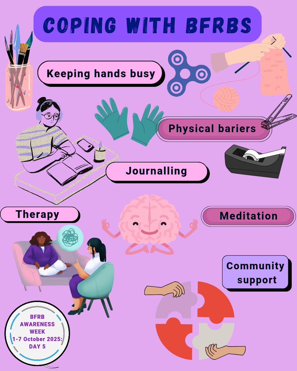 MartaIsibor's tweet photo. 💜Day 5 of #BFRBAwarenessWeek 💜
There are ways to cope with #BFRBs
From therapy to small daily tools, progress is possible. Healing starts with compassion — not perfection. 
#BFRB #skin #health #mentalhealth #therapy #skinpicking #hairpulling #nailbiting #CBT #HRT #mindfulness https://t.co/ZzdpGAna0Y