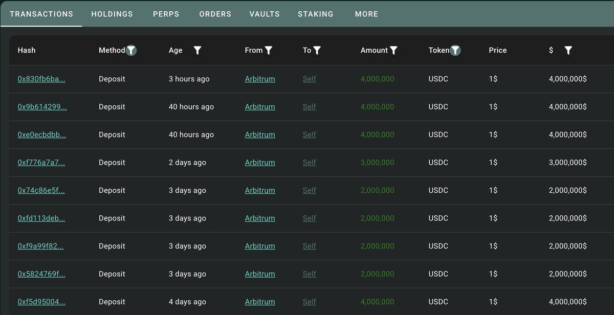 ArbitrumからHyperliquidへのUSDC入金トランザクションのスクリーンショット