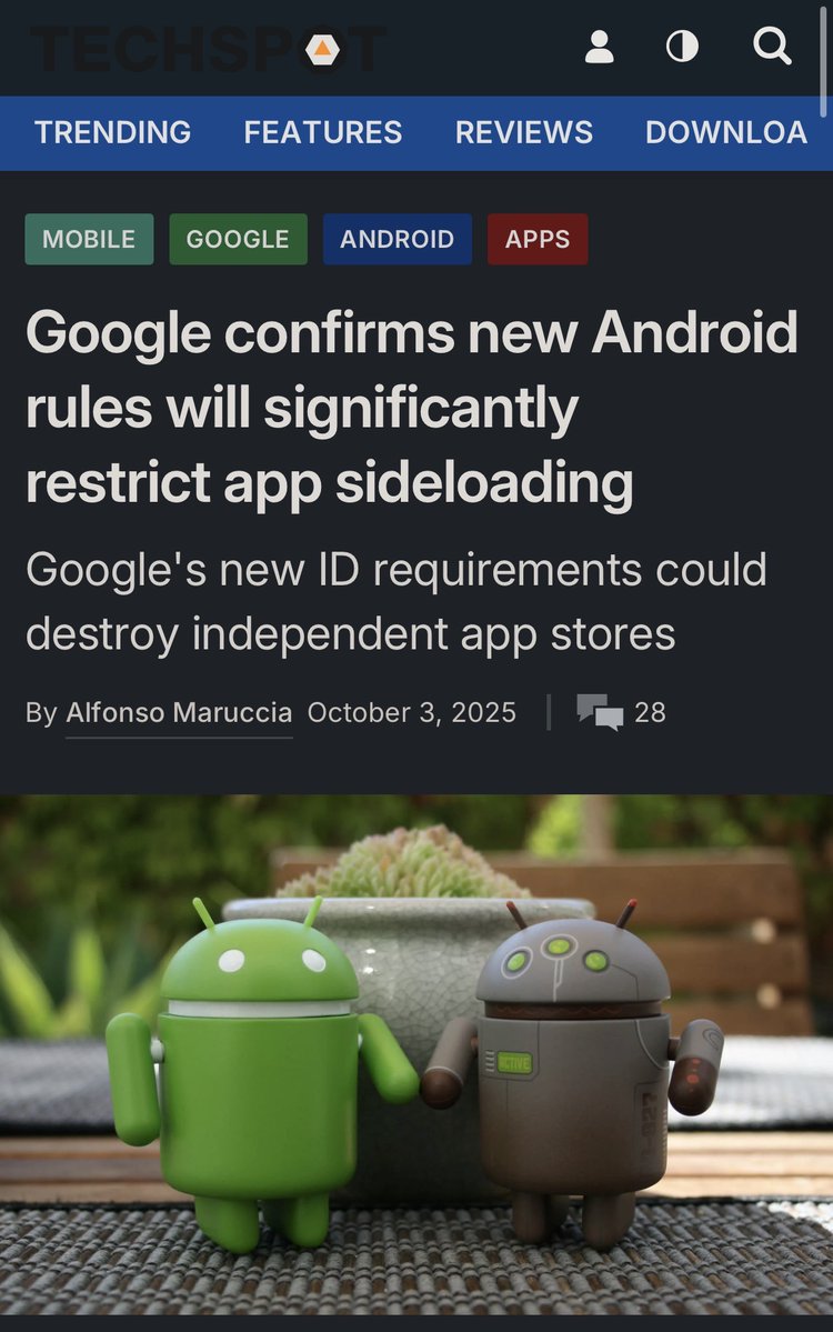 Pirat_Nation's tweet image. Google confirms new Android rules will significantly restrict app sideloading.
Google's new ID requirements may severely impact independent app stores.