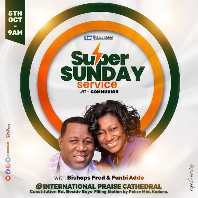 IPCKADUNA's tweet image. Good morning and welcome to church for a SUPER SUNDAY SERVICE, not just as a routine, but to come and worship God’s holy name.

Hope you came more ready than ever because you are welcome to celebrate with us the first Sunday of the month of October.

#IPCLive
#SundayService