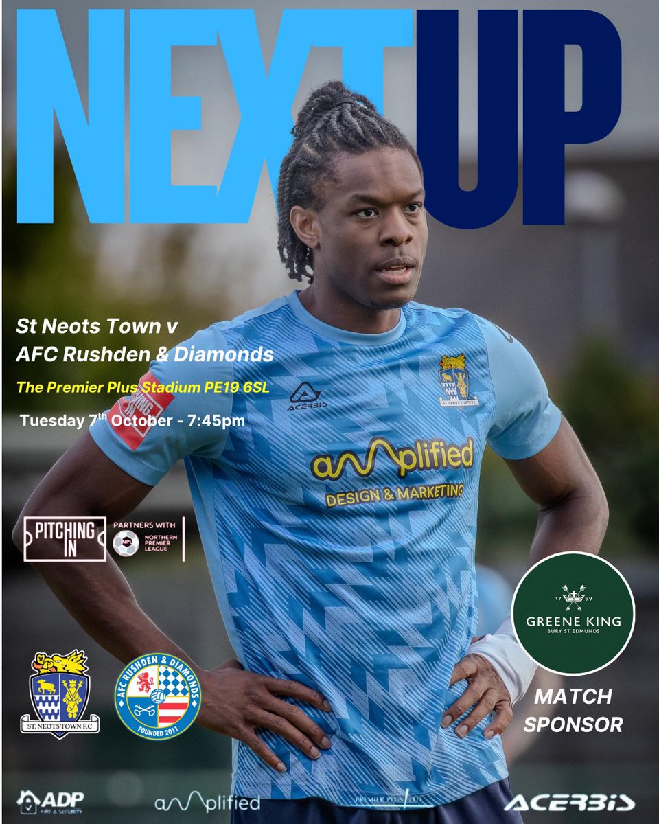 StNeotsTownFC's tweet photo. Next Up and we entertain @AFCRD on Tuesday evening at the Premier Plus Stadium.

This game is sponsored by @greeneking 

See you there 👏👏

#wearesaints💙
#inittogether https://t.co/GH3iZZWHHX