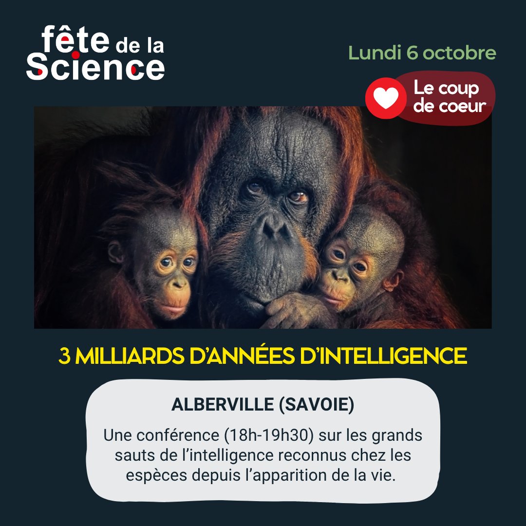 FeteScienceAura's tweet photo. ❤️ L'événement « coup de coeur » de demain : à Albertville, une conférence inédite de @Univ_Pop pour retracer les grands sauts de l’intelligence du vivant jusqu'à nos jours. 

👉 Infos : https://t.co/ZnUKO9JzGi
👀 Prog régionale @FeteScience : https://t.co/BirTngcoZ8 

#FDSAURA https://t.co/WB5heq7374