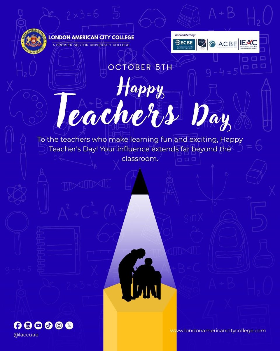 laccuae's tweet image. To all the teachers who spark curiosity and inspire greatness — thank you! 💙
Happy World Teachers’ Day from London American City College.

#TeachersDay #WorldTeachersDay #LACC #EducationMatters #ThankYouTeachers