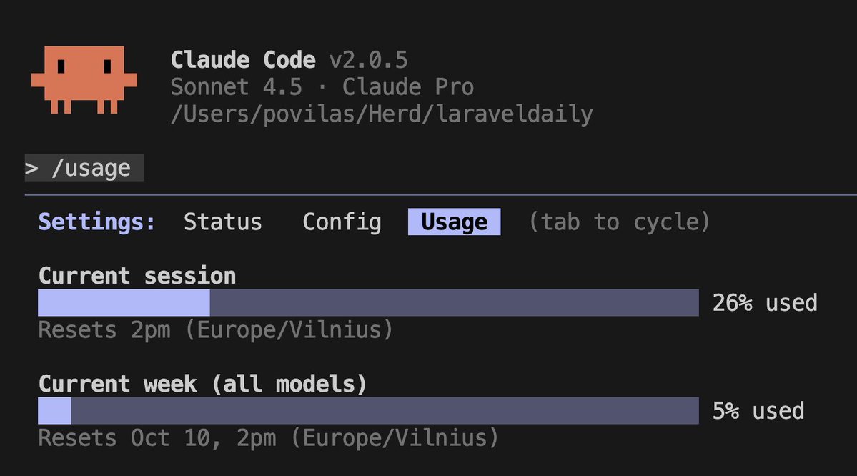 PovilasKorop's tweet image. Opinion: AI coding model limits are mostly for vibe-coders.
I've just worked for 3 hours on Laravel Daily page.
And I was actually THINKING/CODING, offloading SOME parts to Claude.
And used only 26% of a 5-hour-limit.
Because I didn't make huge one-shot prompts.