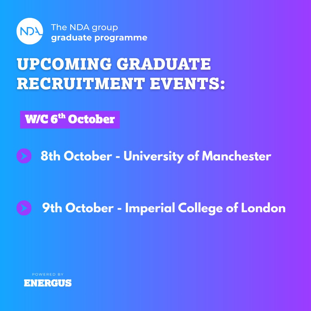 Energus_'s tweet photo. Here's where you can find our friendly People &amp; Skills team this week!💡

This week, we will be at:
University of Manchester - 8th October
Imperial College of London - 9th October
 
We hope to see you there!👋
 
#TheNDAGroupGraduateProgramme #PoweredByEnergus #GraduateEvents https://t.co/6u2dUWMQcL