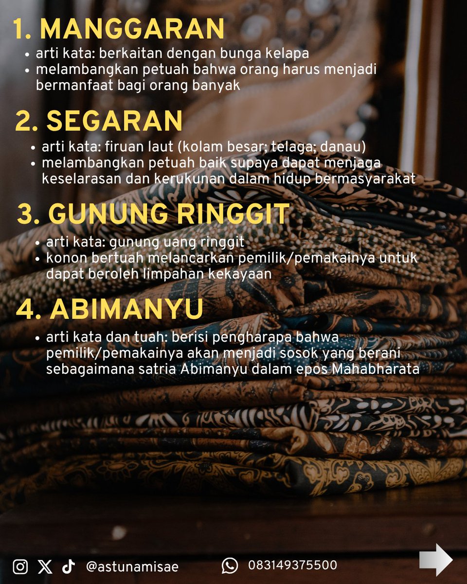 sefkelik's tweet image. Dalam 3 seri unggahan yang adalah bagian perayaan peringatan #HariBatik ini, Peracik Nama Astunamisae total membagikan 36 nama motif ^#batik berikut pemaknaanya. Ini adalah list 12 yang jadi penutupnya.

Semoga bisa berfaedah menjado #InspirasiNamaBayi/#InspirasiNamaAnak.