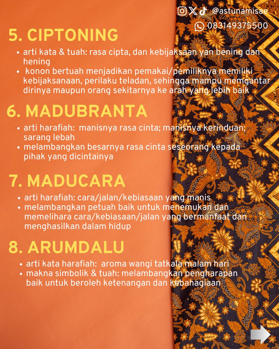sefkelik's tweet image. Dalam 3 seri unggahan yang adalah bagian perayaan peringatan #HariBatik ini, Peracik Nama Astunamisae total membagikan 36 nama motif ^#batik berikut pemaknaanya. Ini adalah list 12 yang jadi penutupnya.

Semoga bisa berfaedah menjado #InspirasiNamaBayi/#InspirasiNamaAnak.