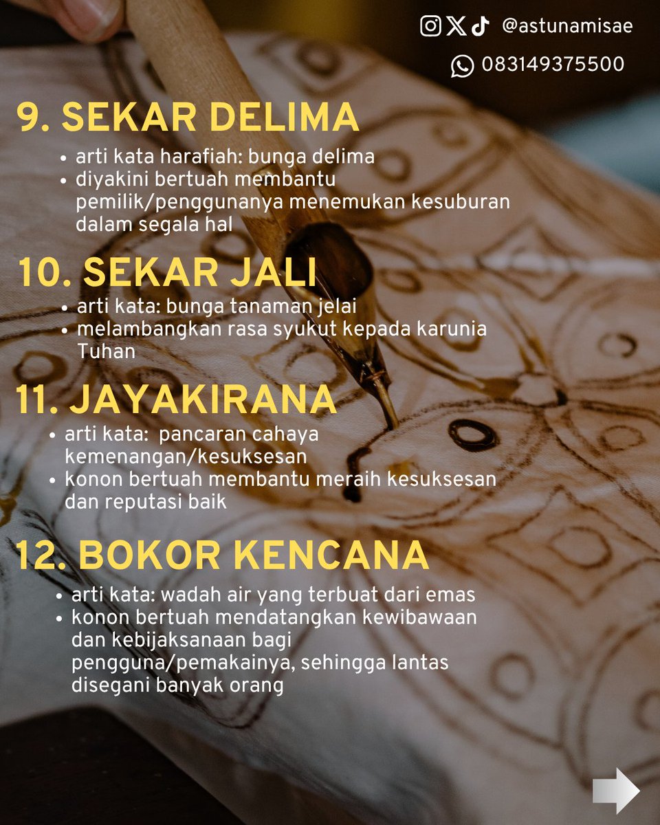 sefkelik's tweet image. Dalam 3 seri unggahan yang adalah bagian perayaan peringatan #HariBatik ini, Peracik Nama Astunamisae total membagikan 36 nama motif ^#batik berikut pemaknaanya. Ini adalah list 12 yang jadi penutupnya.

Semoga bisa berfaedah menjado #InspirasiNamaBayi/#InspirasiNamaAnak.