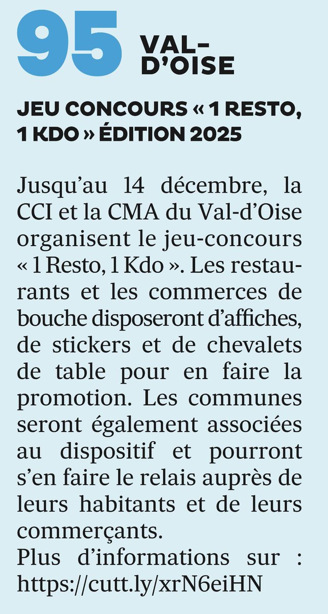 #1resto1kdo organisé par <a href="/CCI_95/">CCI Val-d'Oise  🇫🇷</a> avec <a href="/Artisans95/">CMA Val d'Oise</a> !

Allez au restaurant dans le #95 et… gagnez un cadeau !

<a href="/CCI_Paris_IdF/">CCI Paris IdF</a> <a href="/ccifrance/">CCI France 🇫🇷🇪🇺</a>