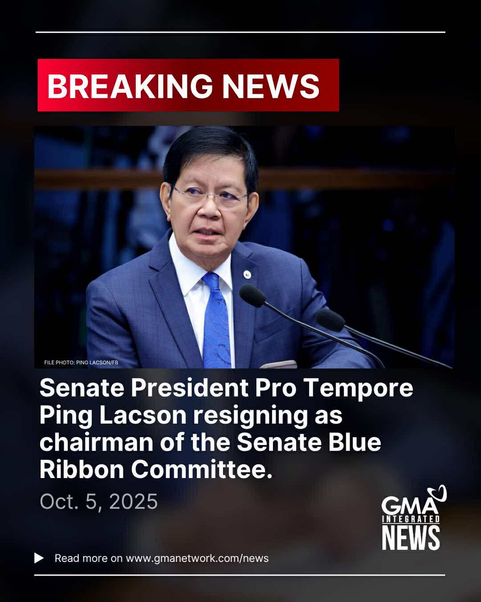 gmanews's tweet image. BREAKING: Senate President Pro Tempore Ping Lacson is resigning as chairman of the Senate Blue Ribbon Committee after some senators aired their disappointment over the investigation into anomalous flood control projects.

But Lacson—who noted that all Senate committee…