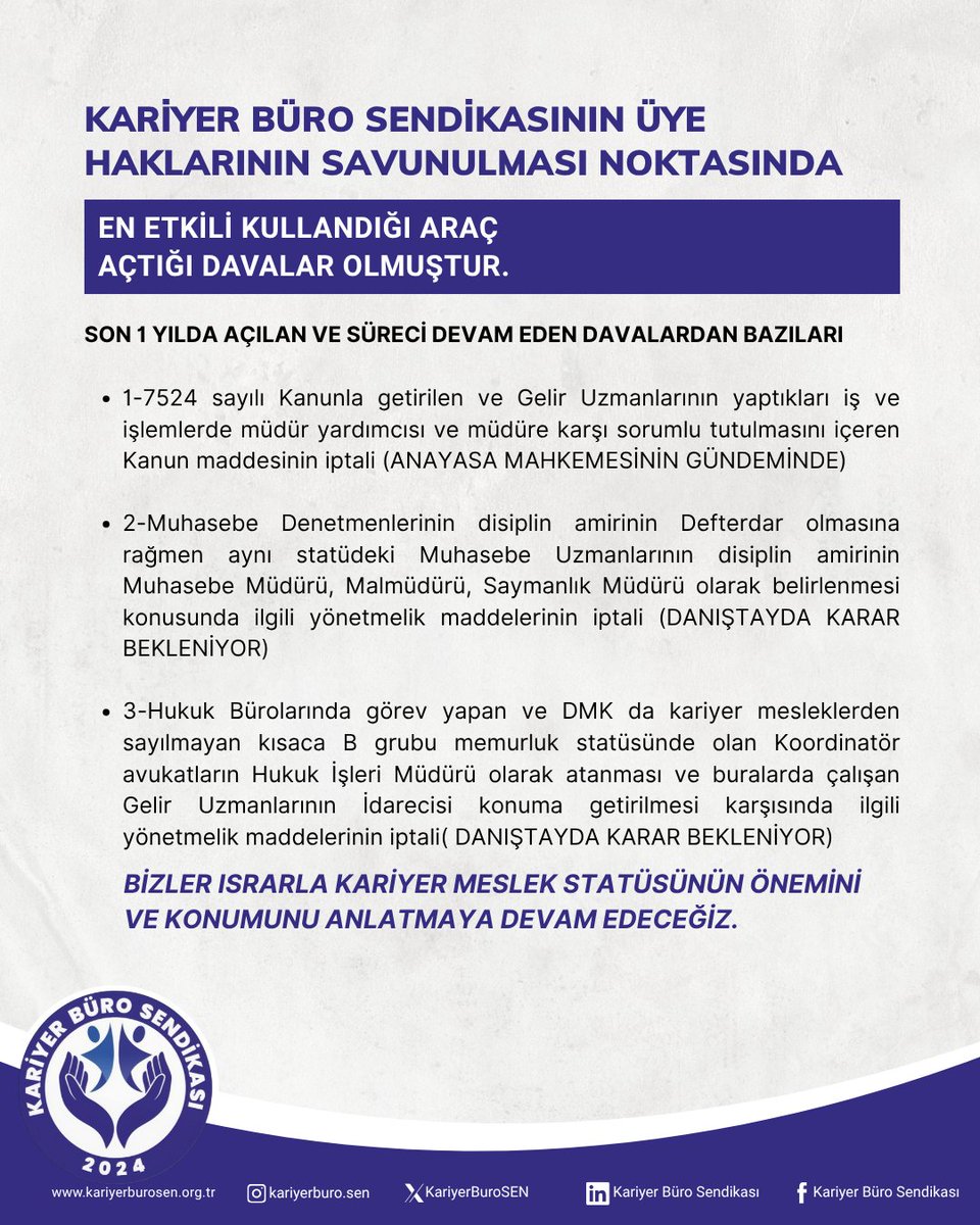 📣 KARİYER BÜRO SENDİKASININ ÜYE HAKLARININ SAVUNULMASI NOKTASINDA EN ETKİLİ KULLANDIĞI ARAÇ, AÇTIĞI DAVALAR OLMUŞTUR. ⚖️

Sendikamız, kariyer meslek mensuplarının haklarının korunması ve kamu personel sisteminde adaletin sağlanması adına açtığı davalarla önemli bir mücadele