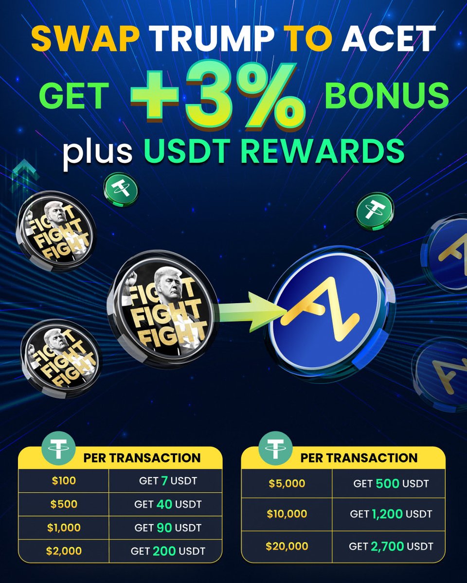 💰 Let’s swap TRUMP for $ACT in “Loyalty Swap to ACET”—the campaign that rewards the real art of the deal.

👇 Swap now to grab your +3% Bonus and USDT Rewards worth up to 2,700 USDT!

🔁 Swap $100 ➤ Get 7 USDT
🔁 Swap $500 ➤ Get 40 USDT
🔁 Swap $1,000 ➤ Get 90 USDT
🔁 Swap