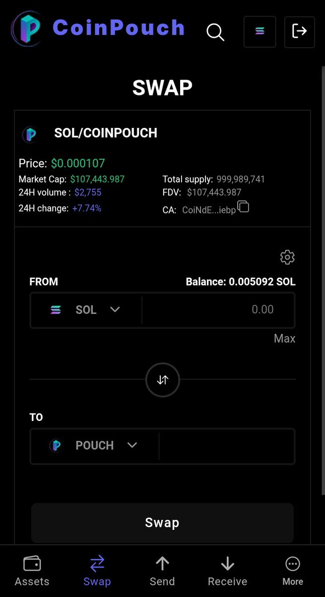 Coinpouch_'s tweet photo. COINPOUCH SUPPORTS OVER 20K TOKENS ⚡️

✅ You can swap $Pouch or any token on the Solana chain 

All important details are shown right on the interface ( price, market cap, FDV, volume, and more) 🔥 

Tell us what you like most about our swap feature and if there’s anything you’d like us to improve ✍️ 

✅ CA: CoiNdEjucrH1268Q6eSdkF7N9f6ZFq67LQjZRPxiebp

📍 Wallet: https://t.co/y00VQk3YCz

#POUCH #Solana #CoinGecko #CryptoNews #MoonMission #CryptoRevolution #TheWolfofWallStreet #Bitcoin #OKX #RCDE #Tommavi #cryptocurrency #Champions #BinanceTurns8📷 #SocialFi #CMC #Trending #AltcoinSeason #Wallet #Security #Q4 #Bullish #Ticker #CryptoMadeEasy #Bullrun