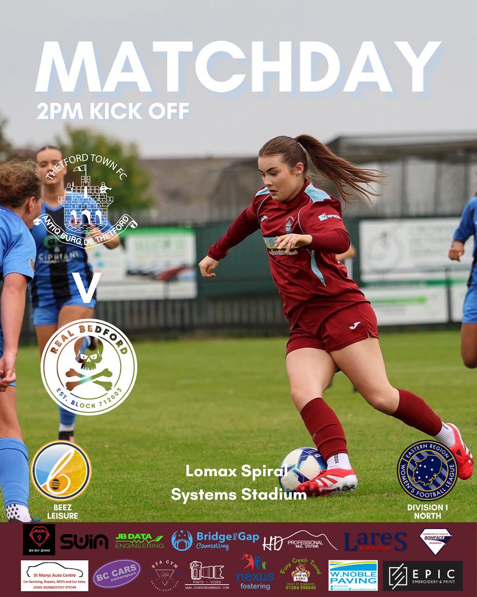 ❗️𝑴𝒂𝒕𝒄𝒉 𝑫𝒂𝒚 ❗️

Big one at the Lomax Spiral Systems Stadium as we host Real Bedford Reserves!

🗓️ Sun 5 Oct | ⏰ 2pm KO
🎟️ £4 Adults / £2 U16s
🍺 Bar open (closed during play)
🚗 Park: Healthy Living Centre (IP24 1JD)
➡️ Gates 12:45pm

💜💙