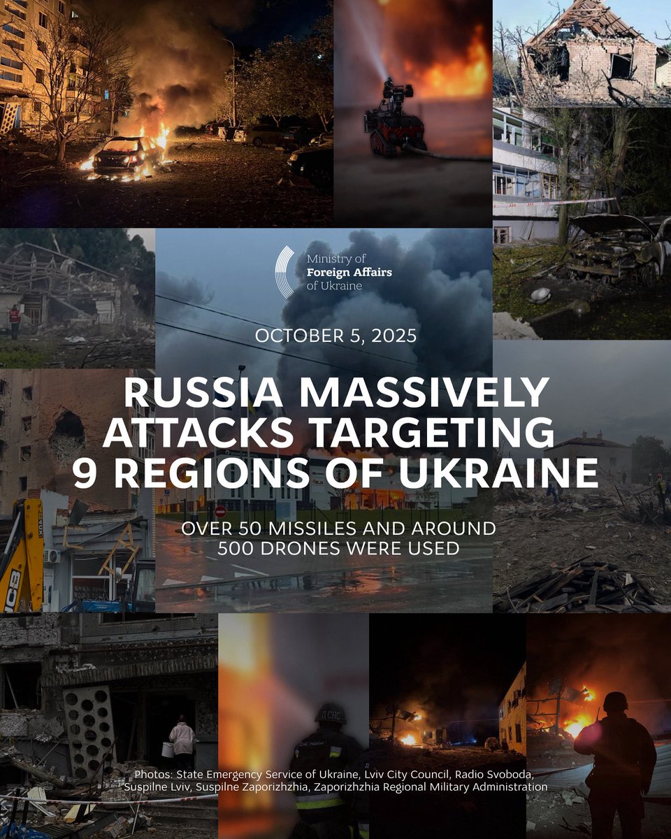 MFA_Ukraine's tweet image. On the night of October 5, 2025, Russia killed at least five more people in Ukraine, striking regions in the west, east, north, and south of the country. About 10 people are reportedly injured.
To launch these relentless attacks, Russia deployed a wide range of weapons from its…