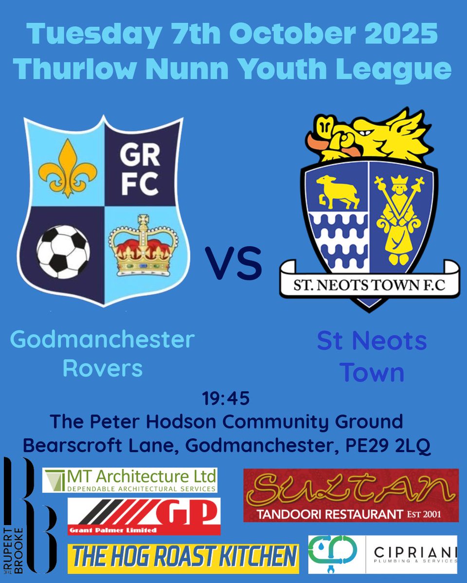 NEXT UP: 
Finally, we’re back at home! 
Although our facility is undergoing lots of work at the minute, we host near neighbours <a href="/StNeotsTownFC/">St Neots Town F.C. Official</a> on Tuesday in our 3rd game of the season. 
£3 entry, come on down and support the Goddy!! #UTG <a href="/GoddyRoversFc/">Godmanchester Rovers</a> 🔵⚪️