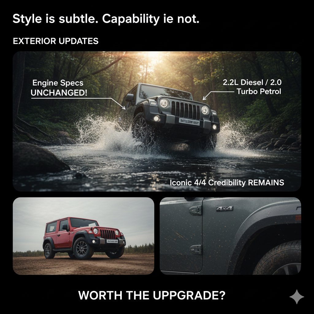 MyTechWorldBlog's tweet image. It's official: 🚘 New Thar Facelift 2025 has landed! Prices start at ₹9.99 Lakh (ex-showroom). Did Mahindra nail the updates? Let the debate begin! 👇
💫 Your next adventure is calling! 🛣️ 
#TharFacelift #Mahindra #SUVIndia #CarLaunch #TharPricing