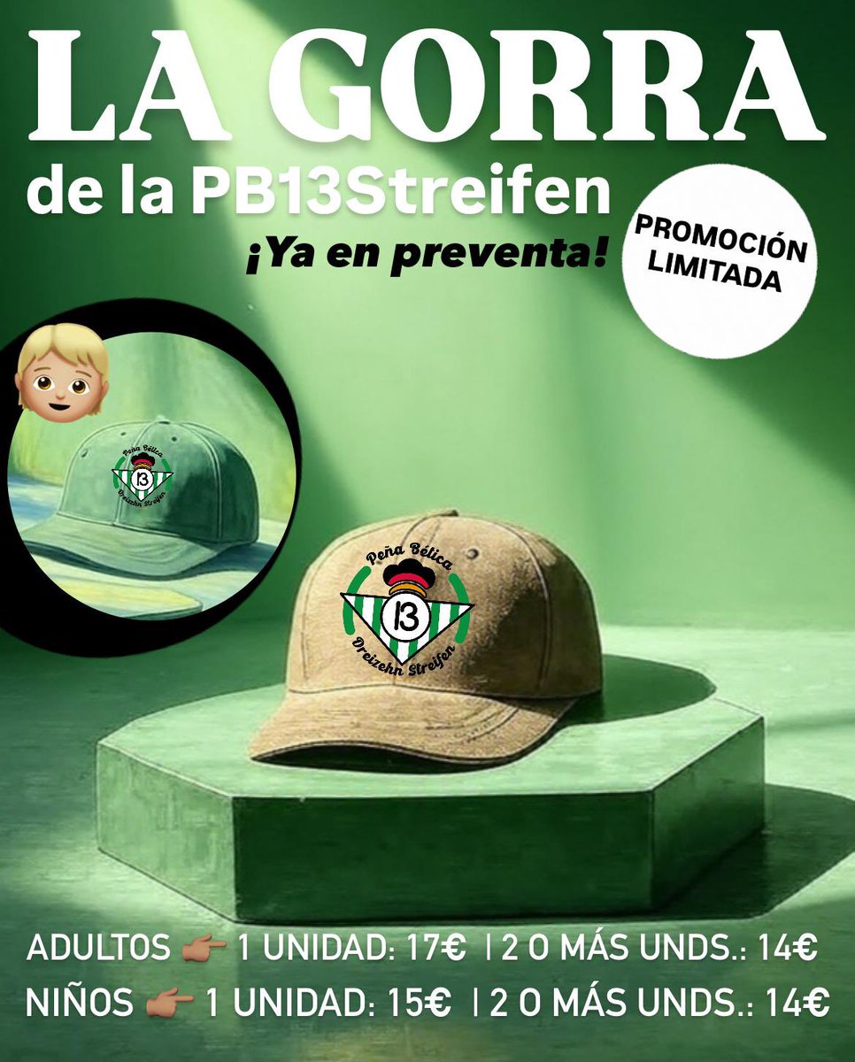 🚨 ¡Consigue ya la exclusiva 
🄻🄰 🄶🄾🅁🅁🄰 🄳🄴 🄻🄰 🄿🄱𝟷𝟹🅂🅃🅁🄴🄸🄵🄴🄽 ! 🥳

Preventa disponible:
Adultos: 17€ (1 ud) | 14€ (2+ uds)
Niños: 15€ (1 ud) | 14€ (2+ uds)

¡Stock limitado! ⏰ 

Escríbenos por DM ✉️ 

#DíaDeBetis #EspanyolRealBetis #PB13Streifen