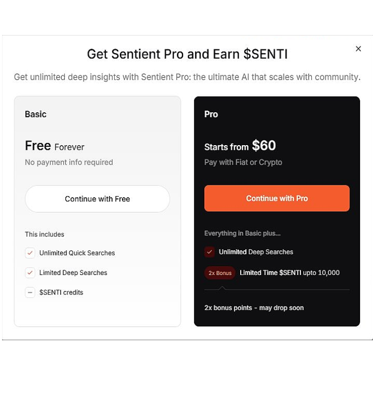 gSenti

<a href="/SentientAGI/">Sentient</a> is thrilled to announce the launch of Sentient Chat Pro, 

marking a groundbreaking advancement in intelligent tools. @sentient_chat 

The service offers two tiers: 

→ Basic (Free): enjoy unlimited quick searches along with starter SENTI credits 

→ Pro