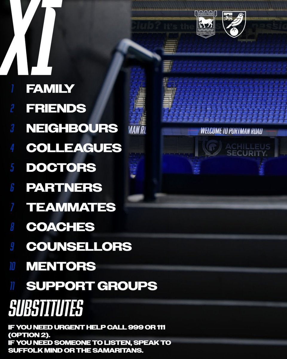 IpswichTown's tweet image. In the UK, one in four people will have suicidal thoughts at some point in their lifetime.

You are not alone - reach out to your team.
