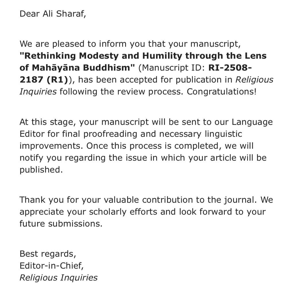 الحمدالله رب العالمين 🙏

قُبل بحث جديد لي يحمل عنوان "Rethinking Modesty and Humility through the Lens of Mahāyāna Buddhism"