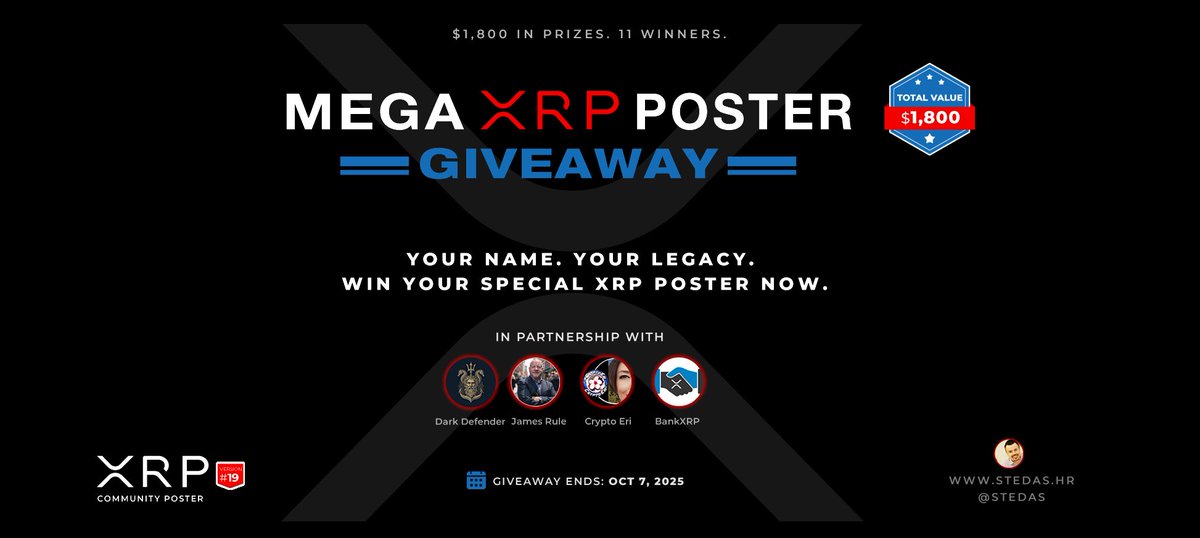 🚨 MEGA XRP POSTER GIVEAWAY 🚨

In collab with our partners <a href="/DefendDark/">Dark Defender</a>, <a href="/sentosumosaba/">🌸Eri ~ Carpe Diem</a>, <a href="/RuleXRP/">James Rule XRP 👊😎</a> &amp; <a href="/BankXRP/">𝗕𝗮𝗻𝗸XRP</a> ⚡

✨$1,800+ in prizes — Golden &amp; Platinum posters, NFTs &amp; more! 💎

Enter in the original post below 👇