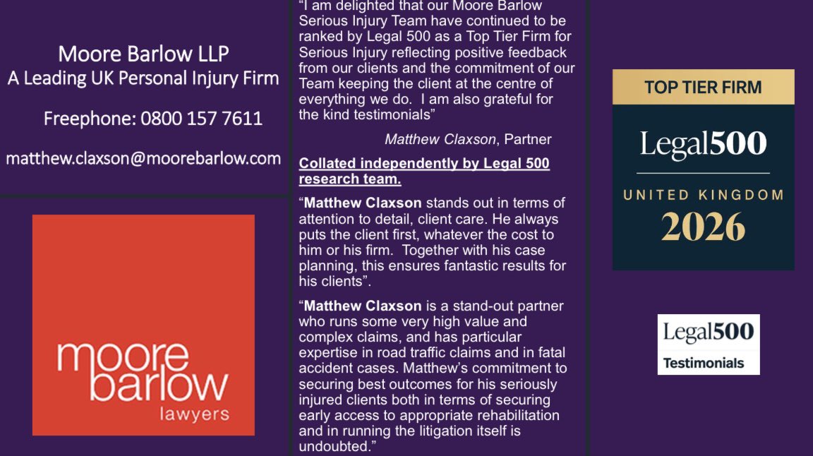 matthewclaxson's tweet image. The @thelegal500 independent Directory for 2026 following feedback from clients, experts and others has retained our @MBinjury Team Top Tier 1 Ranking for Personal Injury. I am delighted with the testimonials that are personal to me, thank you.
#accident #claim #compensation