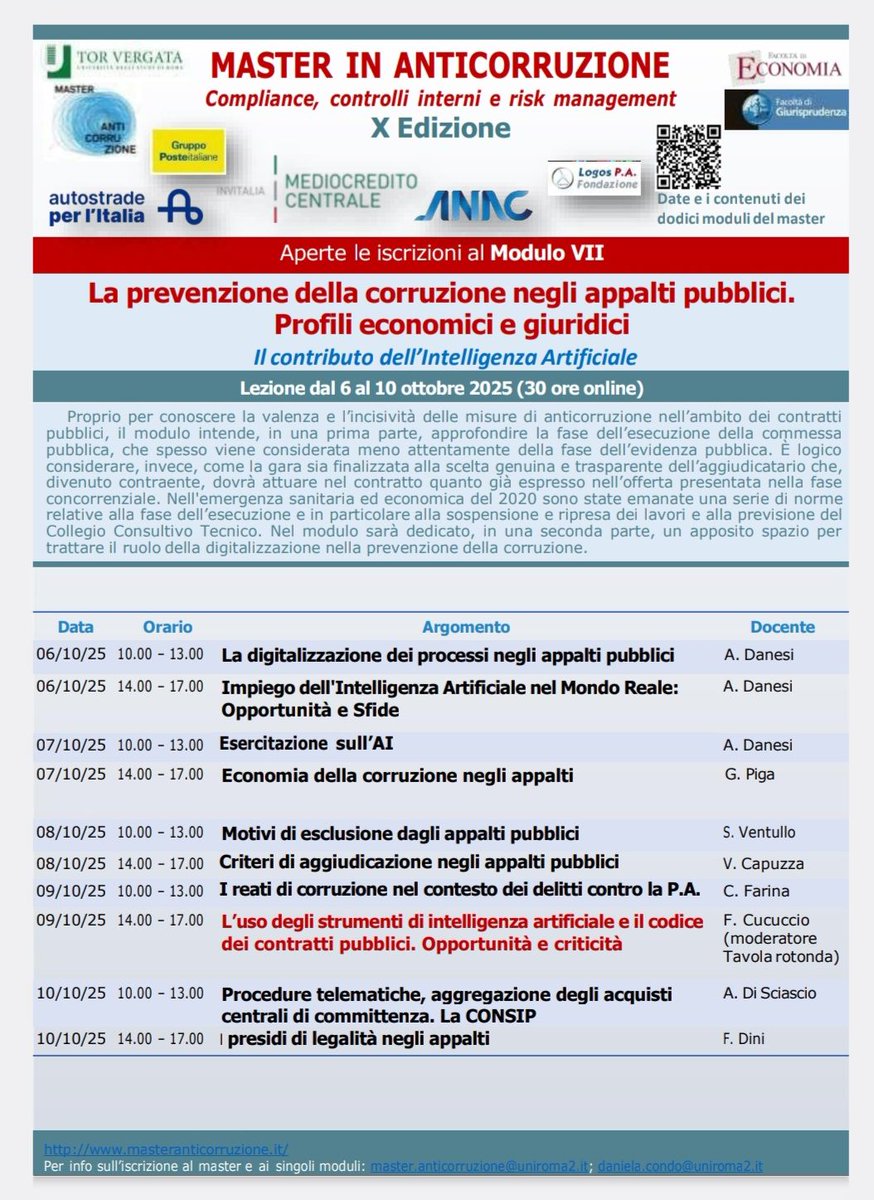 Al via dal 6 al 10 ottobre 2025 il Modulo VII del <a href="/MAnticorruzione/">MasterAnticorruzione</a> X Edizione: "La prevenzione della corruzione negli appalti pubblici. Profili economici e giuridici". Per info e iscrizioni: Avv. Daniela Condò - daniela.condo@uniroma2.it @GustavoPiga