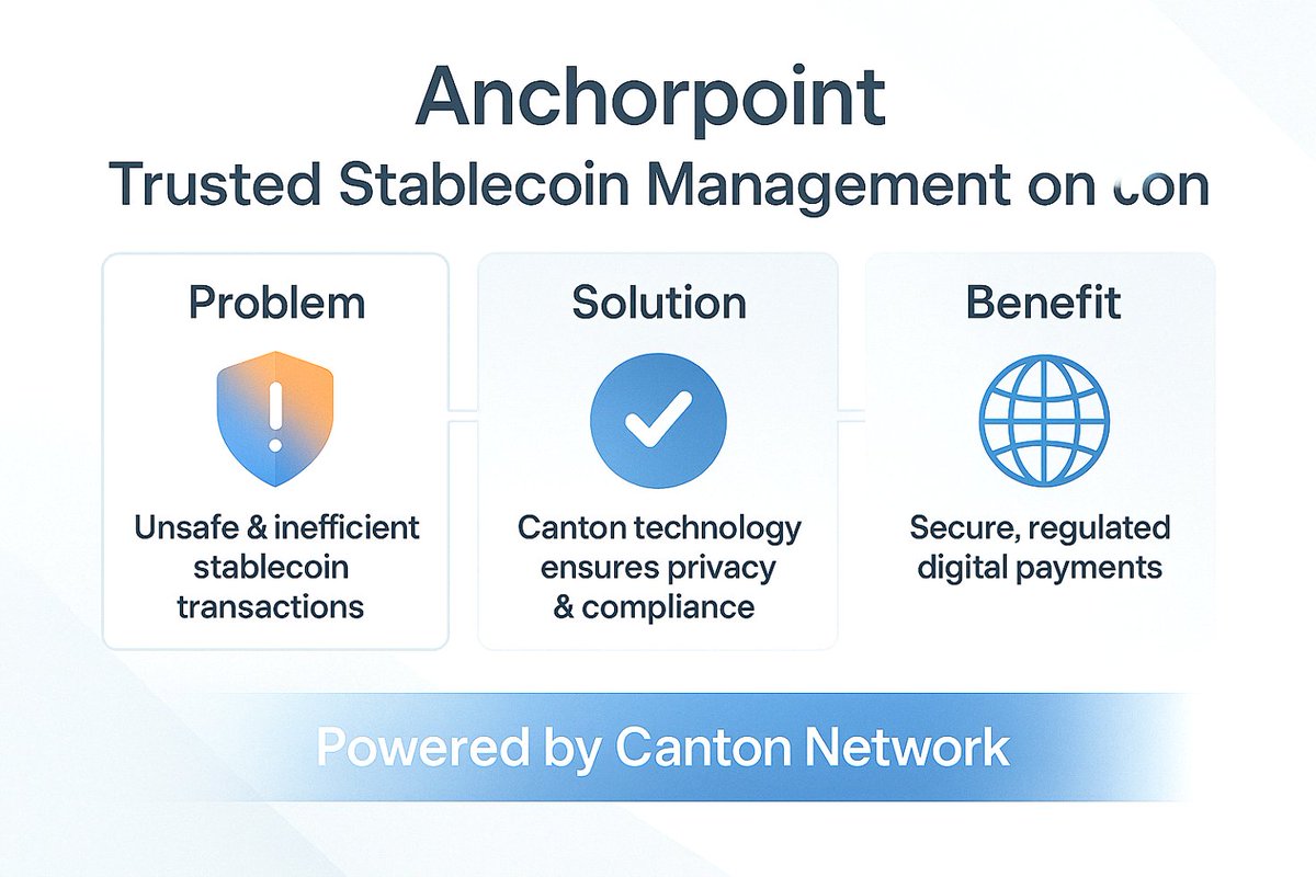 Anchorpoint builds the bridge between trust and technology.
By using Canton Network, it ensures that stablecoin management remains secure, private, and compliant — giving institutions the confidence they need in a digital-first economy.
#CantonGraphics
<a href="/CantonNetwork/">Canton Network</a>