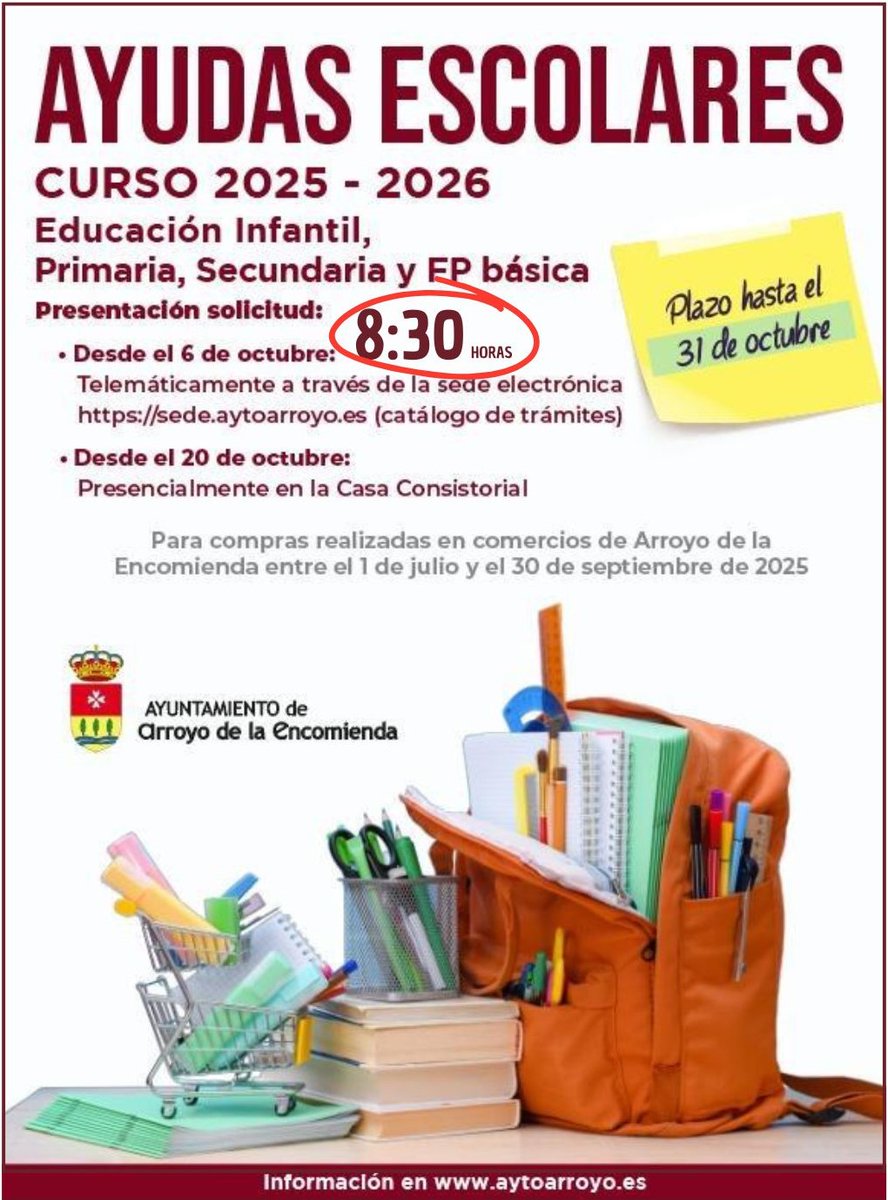 🎒 El plazo para la solicitud telemática de las 𝗮𝘆𝘂𝗱𝗮𝘀 𝗲𝘀𝗰𝗼𝗹𝗮𝗿𝗲𝘀 se abre este lunes, 6 de octubre, a partir de las 8:30 horas en sede.aytoarroyo.es

👉🏻 Las solicitudes presenciales, a partir del 20 de octubre

🔗 aytoarroyo.es/educacion/el-p…