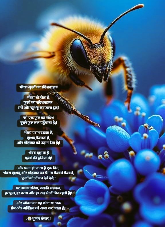 !!, भँवरा🌼फूलों का संदेशवाहक ,!!

भँवरा तो होता है,
फूलों का संदेशवाहक,
रंगों और खुशबू का प्यारा #दूत¡!

जो एक फूल का संदेश,
दूसरे फूल तक पहुँचाता है¡!

भँवरा पराग उठाता है,
#खुशबू फैलाता है,
और #मोहब्बत को उड़ान देता है¡!