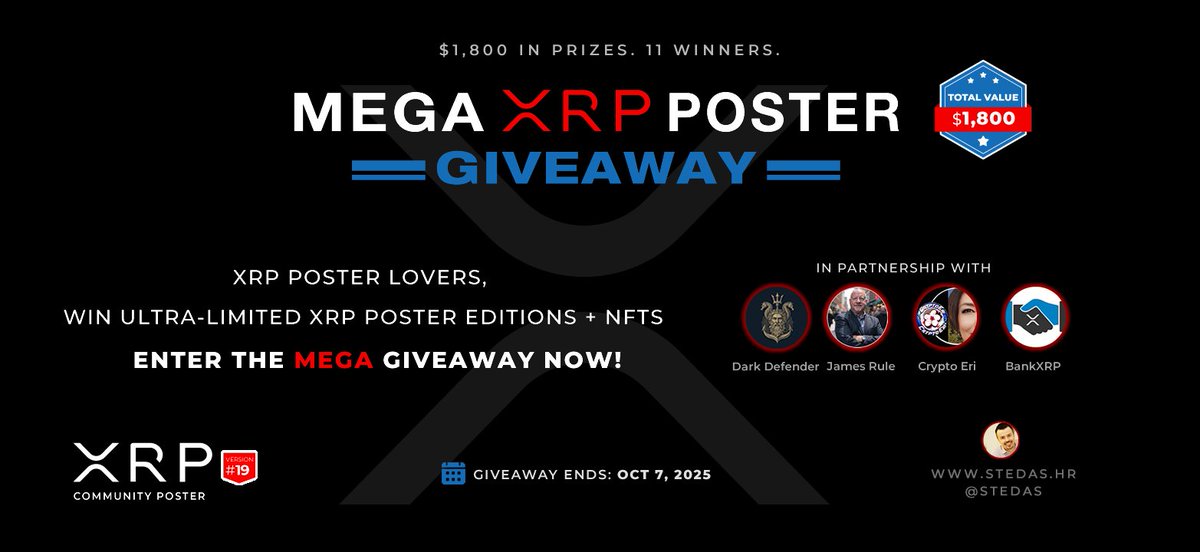 🚨 MEGA XRP POSTER GIVEAWAY 🚨 

💎$1,800+ in prizes! Golden &amp; Platinum posters, NFTs &amp; more. 

🤝In collab with <a href="/DefendDark/">Dark Defender</a>, <a href="/sentosumosaba/">🌸Eri ~ Carpe Diem</a>, <a href="/RuleXRP/">James Rule XRP 👊😎</a> &amp; <a href="/BankXRP/">𝗕𝗮𝗻𝗸XRP</a> ⚡

Win it. Own it. Your XRP poster awaits!  
Enter below👇👇