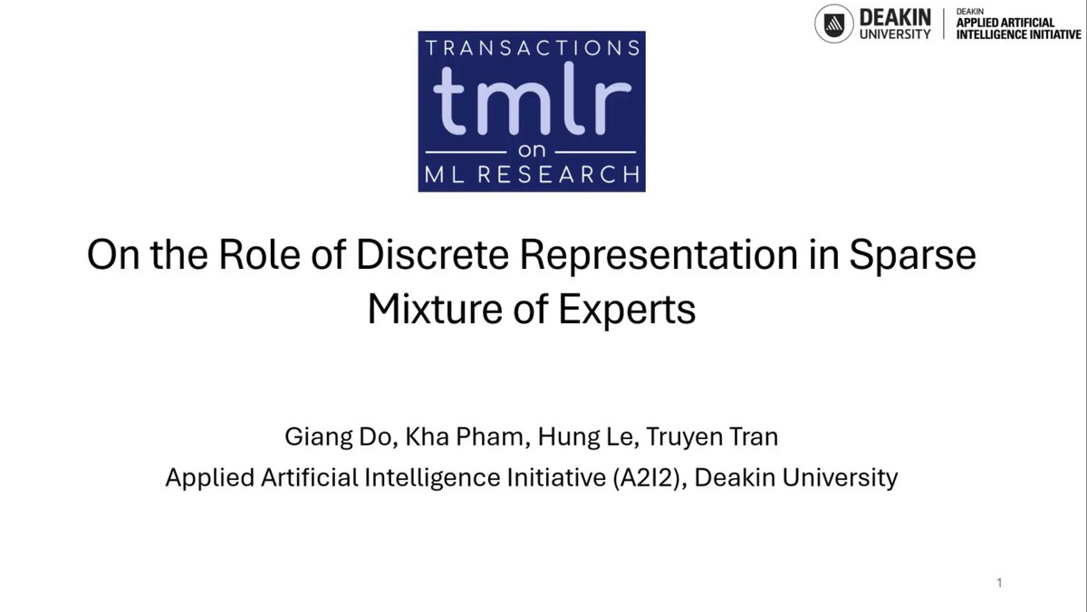 TmlrVideos's tweet image. On the Role of Discrete Representation in Sparse Mixture of Experts
Giang Do, Kha Pham, Hung Le, Truyen Tran
tmlr.infinite-conf.org/paper_pages/GT…
#quantization #sparse #vqmoe