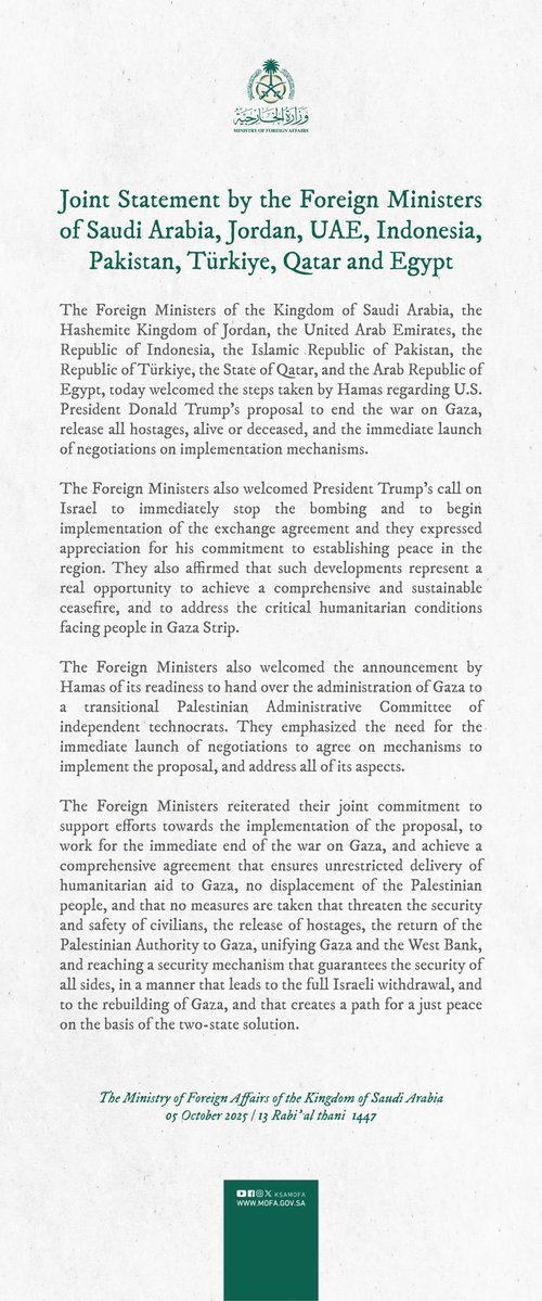 KSAmofaEN's tweet image. Joint Statement by the Foreign Ministers of Saudi Arabia, Jordan, UAE, Indonesia, Pakistan, Türkiye, Qatar and Egypt.