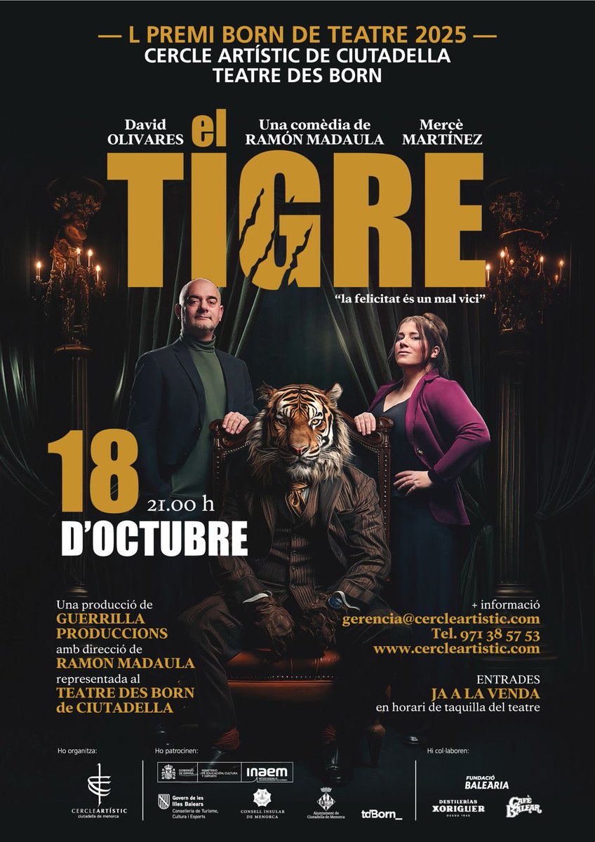 DARRERES ENTRADES 🎫
Dissabte 18 arriba l’esperada gala de lliurament del 50è #PremiBorn i, amb ella, ens visita ‘El tigre’ 🐯.
“La felicitat és un mal vici” 🤭

No us ho perdeu!!
