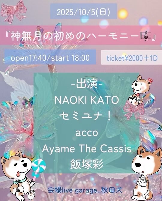 dotdot_akitainu's tweet photo. こんにちは＊..秋田犬
本日10/5(日) 
大盛況.昼公演(ツカサ_Song BD🎂ワンマン LIVE)終演後. 夜公演はこちらです＊
✨booking/35min✖️5man✨
　出演　
　NAOKIKATO  セミユナ！
　acco AyameTheCassis 飯塚彩
　華やぎの出演者陣✨
   ご予約もありがとうございます💐✨
　ご来場.お待ちしております＊ https://t.co/OcArGDGYr4