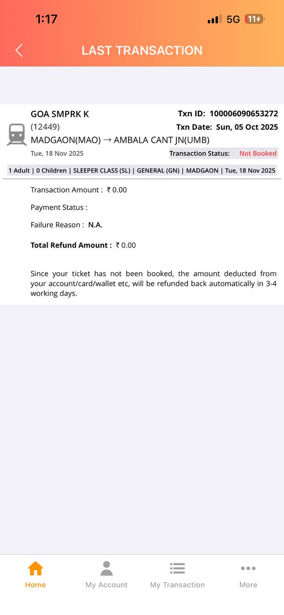 Raillovermk09's tweet photo. I’m booked a ticket in 12449 Goa smapark kranti from Madgaon to Ambala cantt but ticket not booked. Payment deduct from my account 
Please refund ASAP @IRCTCofficial https://t.co/M6pafb9HUO