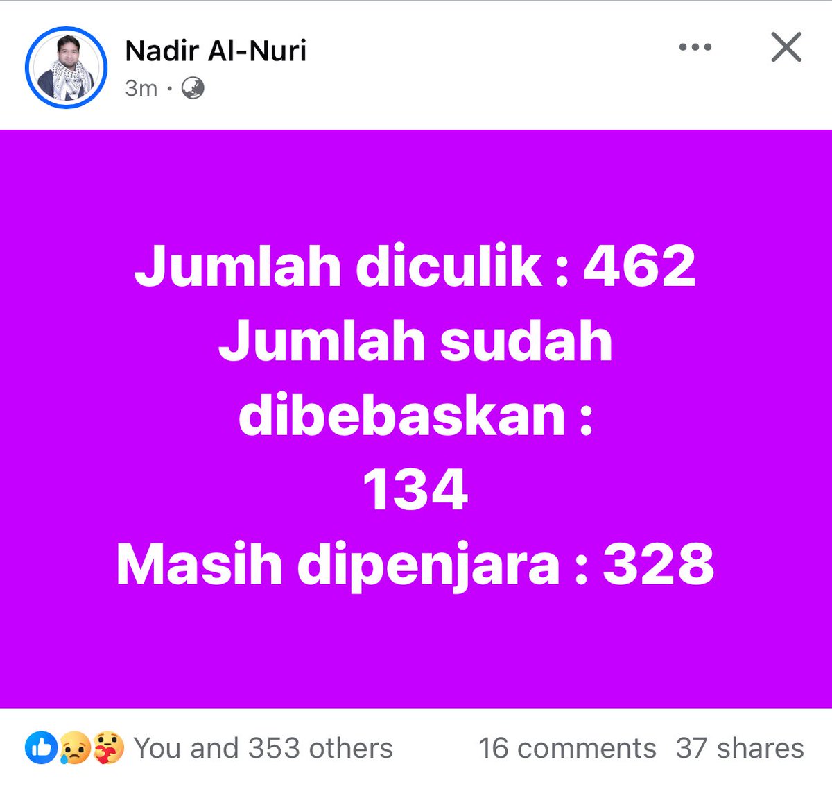 Sehingga kini jam 4.15 ptg Ahad 5 Oktober 2025, 328 org yg diculik masih belum dibebaskan.

Delegasi Malaysia antara terawal dibebaskan hasil diplomasi kerajaan Malaysia dgn negara2 lain.