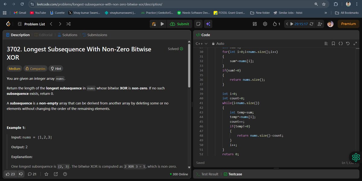 vinayswami2020's tweet image. Weekly Contest 470.
1. Compute Alternating Sum
2. Longest Subsequence With Non-Zero Bitwise XOR
#LeetCode #CodingChallenge #Programming #DSA #100DaysOfCode #letsConnect #GFG #developers #WebDevelopment #Java