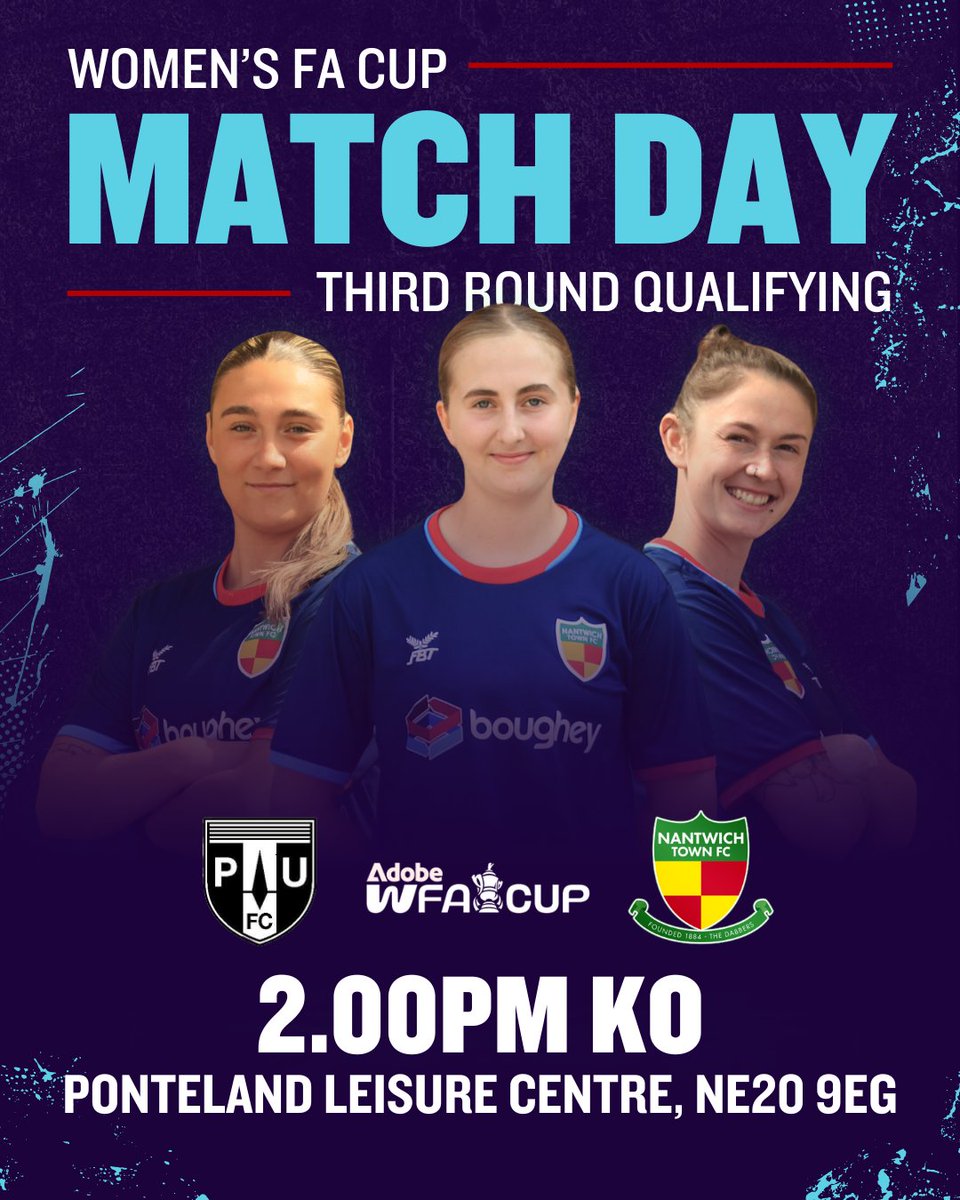NantwichWomenFC's tweet image. It's @AdobeWFACup Matchday!🏆💚

We're on the road to Ponteland for this afternoon's FA Cup challenge!💥🙌 

📆 05.10.25
🆚️ @PontelandWomen
🏟 Ponteland Leisure Centre, Callerton Lane, Ponteland, NE20 9EG
⏰ 2.00pm KO
🏆 @AdobeWFACup 3rd Round Qualifying