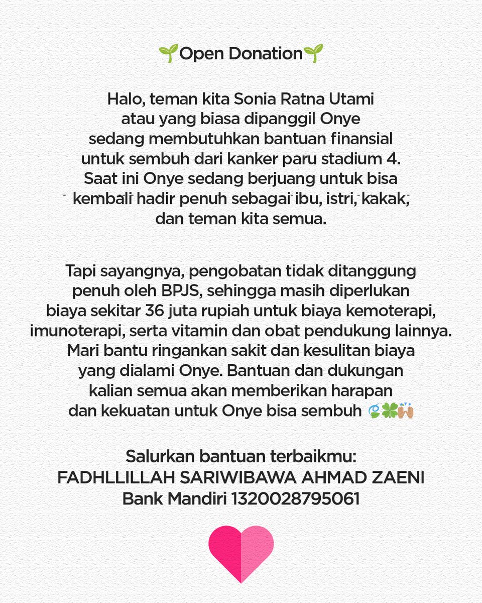 Teman-teman, boleh minta waktunya sebentar?
Maaf ini bukan art, tapi waktu, like, dan repost kalian akan sangat berharga untuk temanku  yang sedang berjuang melawan kanker 💗