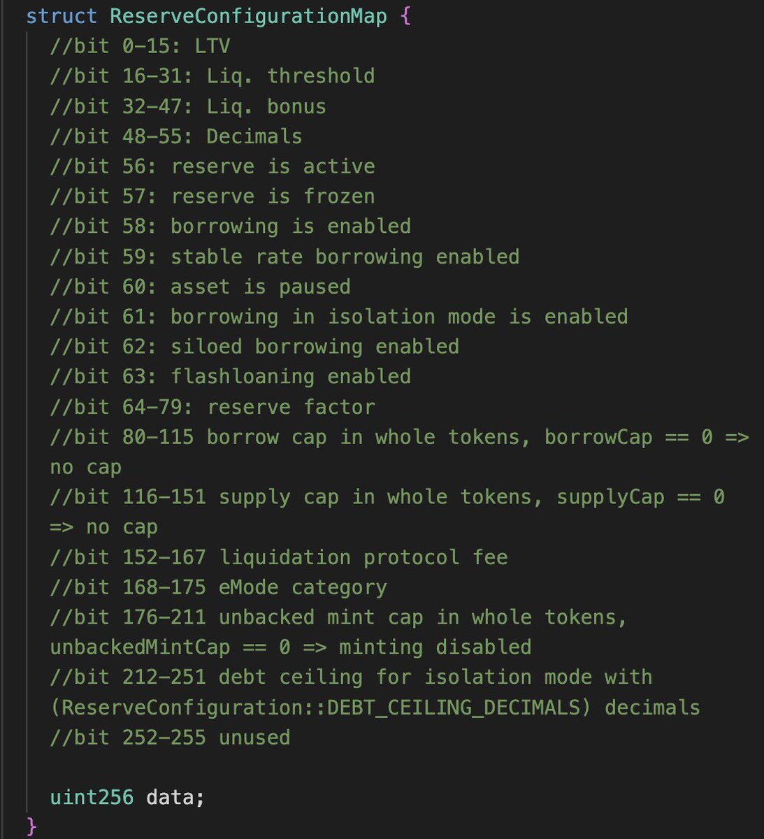 megabyte0x's tweet image. this is what production level gas optimization in Solidity looks like. 

storing multiple variables in bits in a single slot. 

ex: 
instead of using bool which would take 1 byte (8 bit), they allocated a specific bit [56] in the single slot (32 bytes = 256 bits) for the bool…