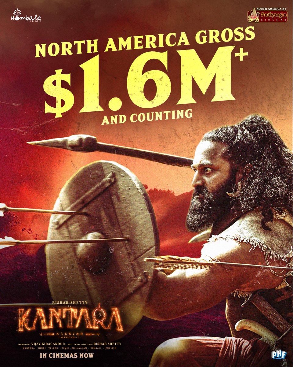 telugurajyam's tweet photo. The legend is only growing bigger. ✨
#KantaraChapter1 North America gross at $1,612,084+ and counting… 🔥
MUST WATCH IN THEATRES
#Kantara #BlockbusterKantara NA by #PrathyangiraUS
#hombalefilms #KantaraFilm #shetty_rishab #VKiragandur #ChaluveG #PharsFilm #rukminitweets