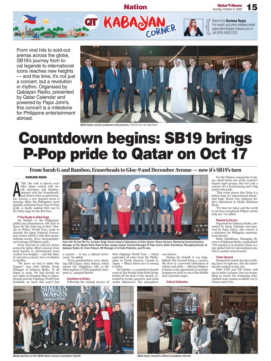 [Qatar Tribune 🇶🇦]

🍎 Print • 10/05/2025
🍎 qatar-tribune.com/article/197595…

- “From viral hits to sold-out arenas across the globe, #SB19’s journey from local legends to international icons reaches new heights — and this time, it’s not just a concert, but a revolution in rhythm.”
